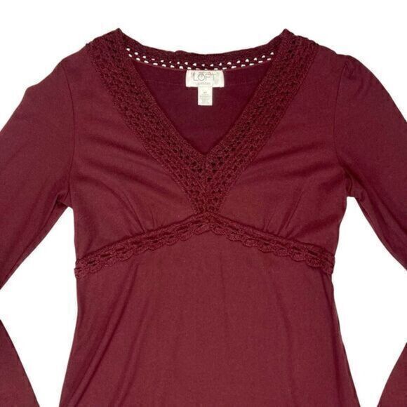 Loft Dress Womens Size 4 Burgundy Lace Trim Babydoll Elastic Empire Waist Midi - Picture 2 of 13